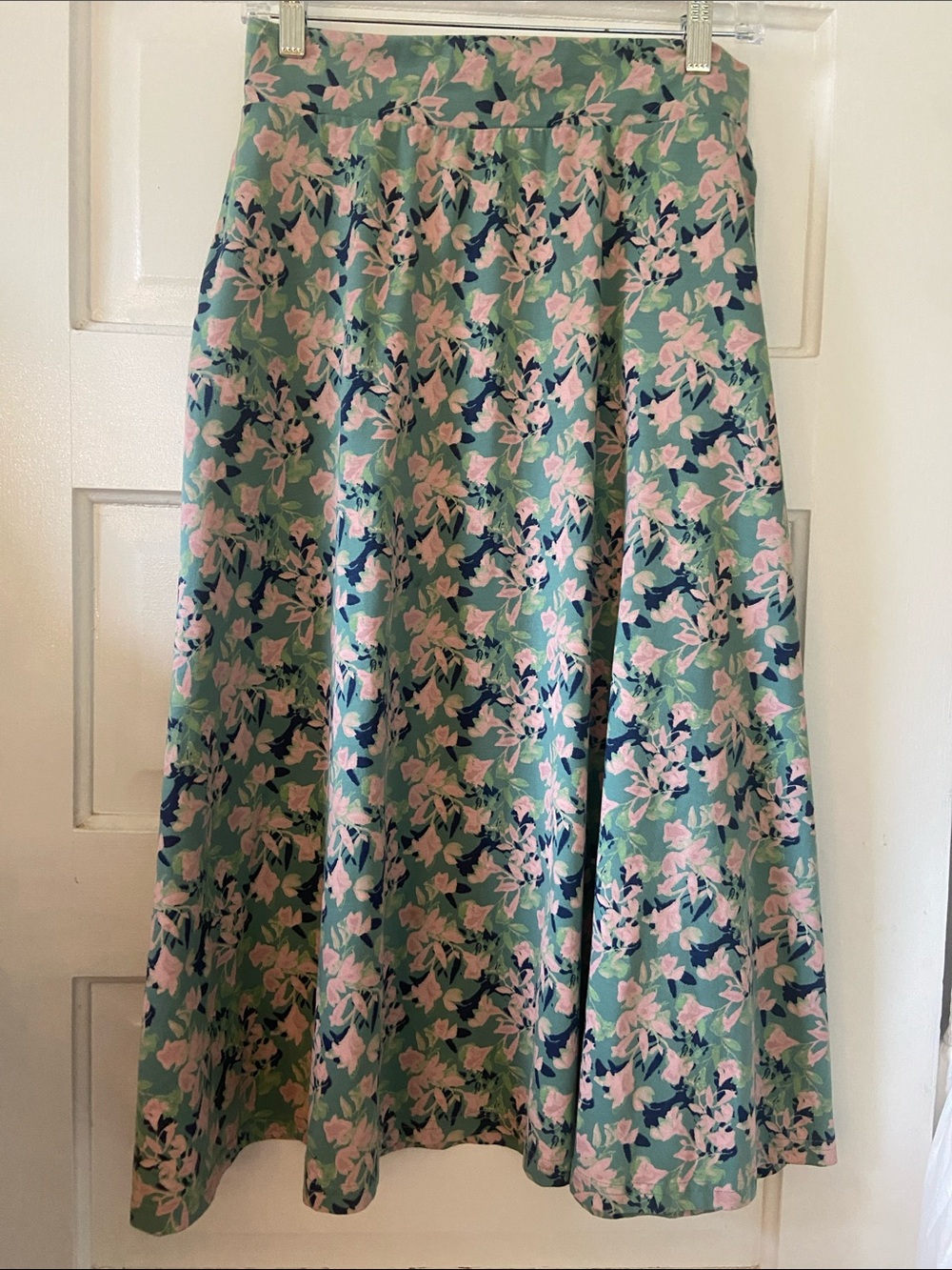PACT Organic Floral A-Line Midi Skirt in Mint Green and Soft Pink S